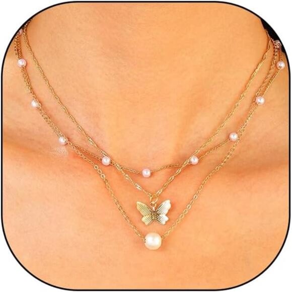 Layered Butterfly Pearl Pendant Necklace Set for Women Trendy 14k Gold Chain - Picture 1 of 8